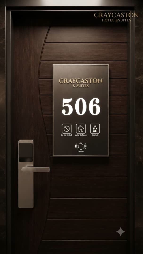 Every room opens on a keycard, with do-not-disturb and doorbell at the door